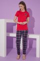 Kırmızı Renk ve Ekose Desen Teknur 76107 Kısa Kol Modal Kumaş Kadın Pijama Takımı