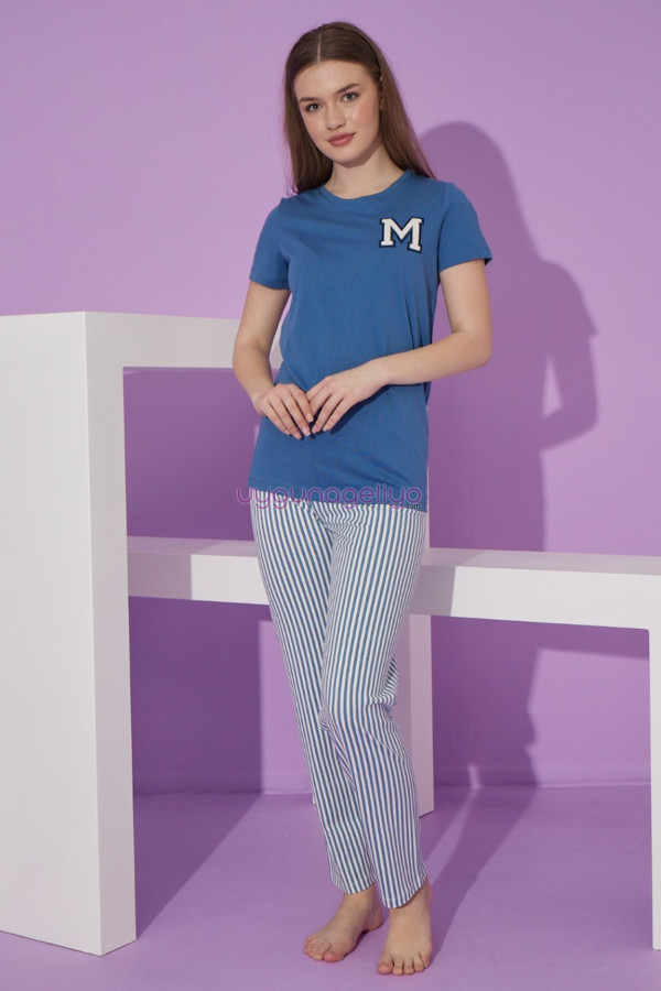 Koyu Mavi Renk ve Çizgili Desen Teknur 76108 Kısa Kol Modal Kumaş Kadın Pijama Takımı, TKNR-76108, Kısa Kollu Pijama Takımları