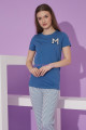 Koyu Mavi Renk ve Çizgili Desen Teknur 76108 Kısa Kol Modal Kumaş Kadın Pijama Takımı, TKNR-76108, Kısa Kollu Pijama Takımları
