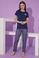 Lacivert Renk ve Ekose Desen Teknur 76114 Kısa Kol Modal Kumaş Kadın Pijama Takımı