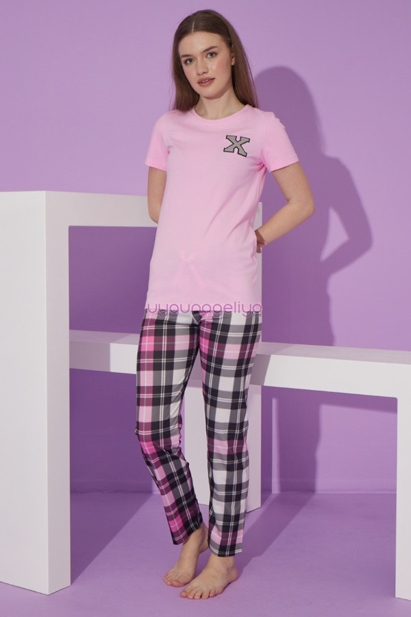 Pembe Renk ve Ekose Desen Teknur 76115 Kısa Kol Modal Kumaş Kadın Pijama Takımı, TKNR-76115, Kısa Kollu Pijama Takımları