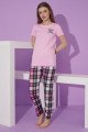 Pembe Renk ve Ekose Desen Teknur 76115 Kısa Kol Modal Kumaş Kadın Pijama Takımı