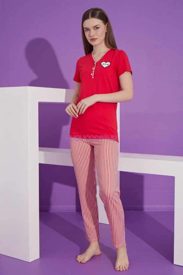 Kırmızı Renk ve Çizgili Desen Teknur 76160 Kısa Kol Modal Kumaş Kadın Pijama Takımı, TKNR-76160, Kısa Kollu Pijama Takımları