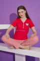 Kırmızı Renk ve Çizgili Desen Teknur 76160 Kısa Kol Modal Kumaş Kadın Pijama Takımı, TKNR-76160, Kısa Kollu Pijama Takımları