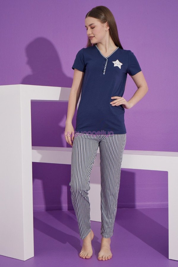 Lacivert Renk ve Çizgili Desen Teknur 76163 Kısa Kol Modal Kumaş Kadın Pijama Takımı Lacivert Renk ve Çizgili Desen Teknur 76163 Kısa Kol Modal Kumaş Kadın Pijama Takımı, TKNR-76163, Kısa Kollu Pijama Takımları
