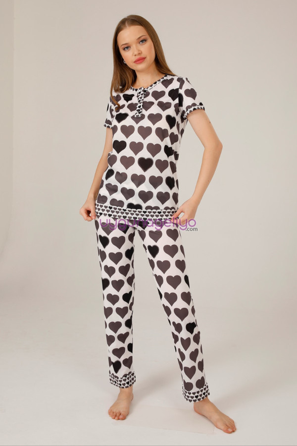 Kısa Kol, Beyaz Renk ve Siyah Kalpli Teknur 73560 Yazlık Kadın Modal Pijama Takımı, Teknur-73560, Kısa Kollu Pijama Takımları