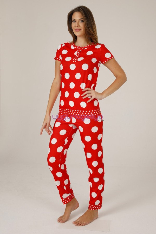 Kısa Kol, Kırmızı Renk ve Beyaz Puantiyeli Teknur 73563 Yazlık Kadın Modal Pijama Takımı, Teknur-73563, Kısa Kollu Pijama Takımları