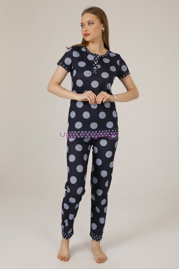Kısa Kol, Lacivert Renk ve Gri Puantiyeli Teknur 73570 Yazlık Kadın Modal Pijama Takımı, Teknur-73570, Kısa Kollu Pijama Takımları