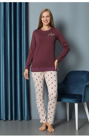 Kahverengi Yuvarlak Yaka Teknur P2069 Uzun Kol Pamuklu Kumaş Kadın Pijama Takımı