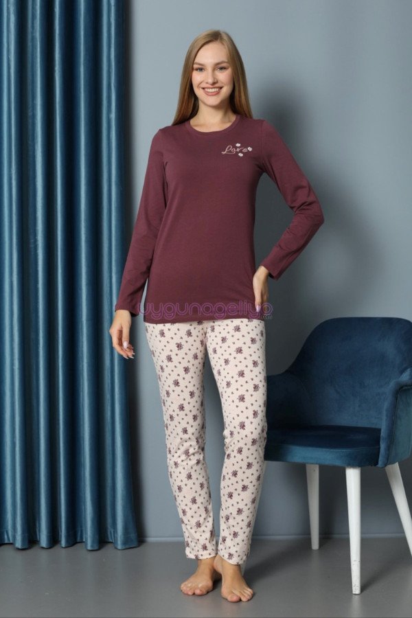 Kahverengi Yuvarlak Yaka Teknur P2069 Uzun Kol Pamuklu Kumaş Kadın Pijama Takımı Kahverengi Yuvarlak Yaka Teknur P2069 Uzun Kol Pamuklu Kumaş Kadın Pijama Takımı, TEKNUR-P2069, Teknur Pijama Takımı