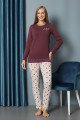 Kahverengi Yuvarlak Yaka Teknur P2069 Uzun Kol Pamuklu Kumaş Kadın Pijama Takımı