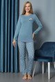 Mavi Renkli Yuvarlak Yaka Teknur P2074 Uzun Kol Pamuklu Kumaş Kadın Pijama Takımı