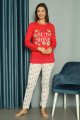 Kırmızı Renkli Yuvarlak Yaka Teknur P2076 Uzun Kol Pamuklu Kumaş Kadın Pijama Takımı