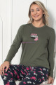 Haki Yeşili Renkli, Bisiklet Yaka Teknur 2203 Uzun Kol Pamuklu Kumaş Kadın Pijama Takımı, QS-TEKNUR-P2203-M, Teknur Pijama Takımı, QS-TEKNUR-P2203-M