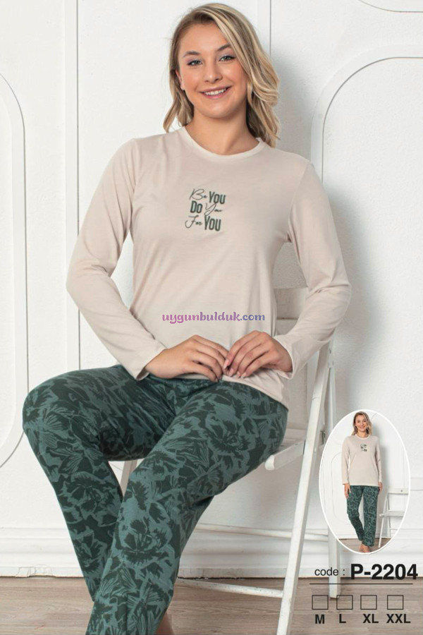 Krem - Haki Renkli, Bisiklet Yaka Teknur 2204 Uzun Kol Pamuklu Kumaş Kadın Pijama Takımı, QS-TEKNUR-P2204-M, Teknur Pijama Takımı, QS-TEKNUR-P2204-M