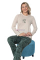Krem - Haki Renkli, Bisiklet Yaka Teknur 2204 Uzun Kol Pamuklu Kumaş Kadın Pijama Takımı, QS-TEKNUR-P2204-M, Teknur Pijama Takımı, QS-TEKNUR-P2204-M