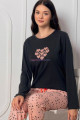 Siyah Renkli, Bisiklet Yaka Teknur 2205 Uzun Kol Pamuklu Kumaş Kadın Pijama Takımı, QS-TEKNUR-P2205-M, Teknur Pijama Takımı, QS-TEKNUR-P2205-M