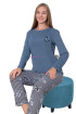 Koyu Mavi Renk, Bisiklet Yakalı, Uzun Kollu ve  Pamuklu Kumaş Teknur 2206  Kadın Pijama Takımı