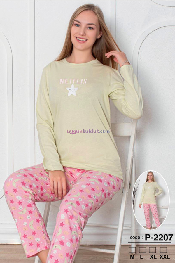 Sarı Renk, Bisiklet Yakalı, Uzun Kollu ve  Pamuklu Kumaş Teknur 2207  Kadın Pijama Takımı, QS-TEKNUR-P2207-M, Teknur Pijama Takımı, QS-TEKNUR-P2207-M