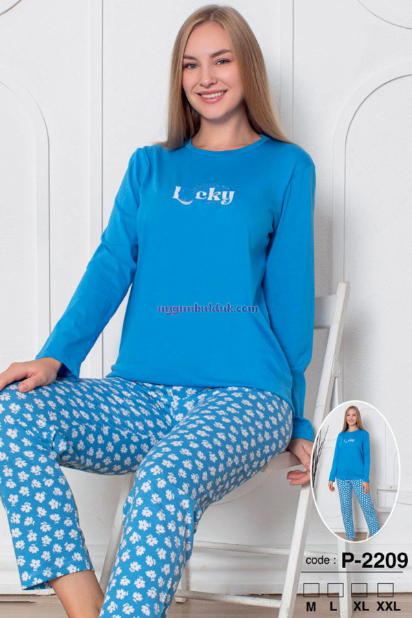 Mavi Renk, Bisiklet Yakalı, Uzun Kollu ve  Pamuklu Kumaş Teknur 2209  Kadın Pijama Takımı, QS-TEKNUR-P2209-M, Teknur Pijama Takımı, QS-TEKNUR-P2209-M