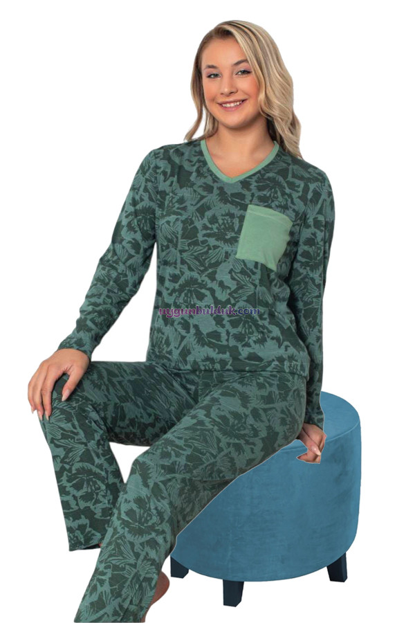Yeşil Renk, V Yakalı, Uzun Kollu, Yaka Cepli  ve  Pamuklu Kumaş Teknur 2253  Kadın Pijama Takımı, QS-TEKNUR-P2253-M, Teknur Pijama Takımı, QS-TEKNUR-P2253-M
