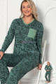 Yeşil Renk, V Yakalı, Uzun Kollu, Yaka Cepli  ve  Pamuklu Kumaş Teknur 2253  Kadın Pijama Takımı, QS-TEKNUR-P2253-M, Teknur Pijama Takımı, QS-TEKNUR-P2253-M