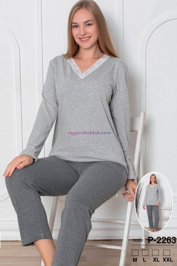 Gri Renk, V Yakalı, Uzun Kollu ve Pamuklu Kumaş Teknur 2263 Kadın Pijama Takımı Gri Renk, V Yakalı, Uzun Kollu ve Pamuklu Kumaş Teknur 2263 Kadın Pijama Takımı, QS-TEKNUR-P2263-M, Teknur Pijama Takımı, QS-TEKNUR-P2263-M