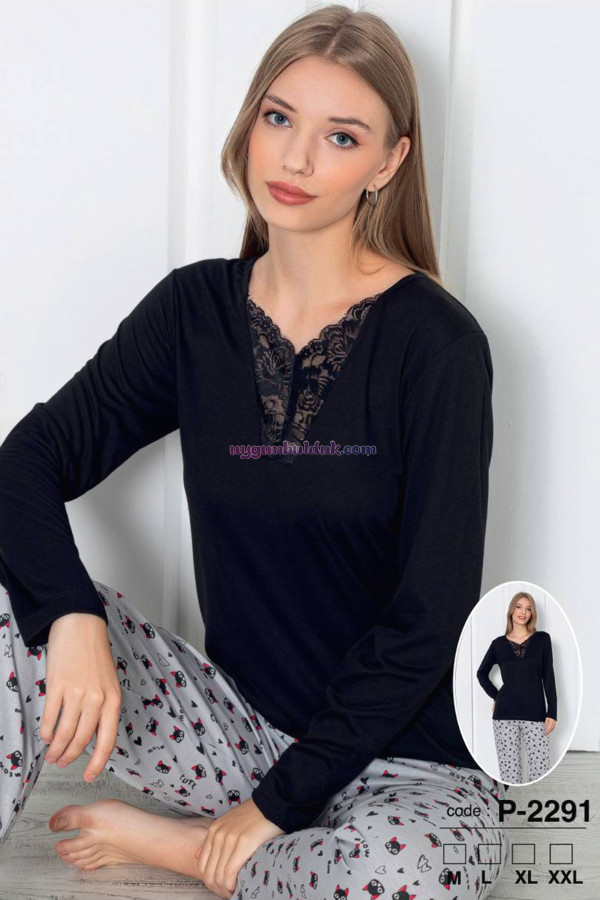 Siyah Renk, V Yaka, Uzun Kollu ve Pamuklu Kumaş Teknur 2291  Kadın Pijama Takımı, QS-TEKNUR-P2291-M, Teknur Pijama Takımı, QS-TEKNUR-P2291-M