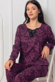 Mürdüm Renk, V Yaka, Uzun Kollu ve Pamuklu Kumaş Teknur 2292  Kadın Pijama Takımı, QS-TEKNUR-P2292-M, Teknur Pijama Takımı, QS-TEKNUR-P2292-M