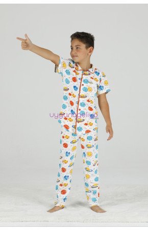 Beyaz Renk ve Gezegen Desenli Teknur 45605 Pamuk Önden Düğmeli Erkek Çocuk Pijama Takımı Beyaz Renk ve Gezegen Desenli Teknur 45605 Pamuk Önden Düğmeli Erkek Çocuk Pijama Takımı