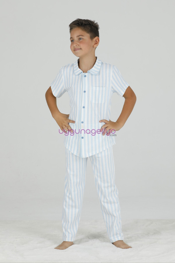 Mavi - Beyaz Renk ve Çizgili Teknur 45606 Pamuk Önden Düğmeli Erkek Çocuk Pijama Takımı-Teknur