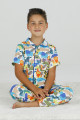 Mavi - Sarı Renk ve Desenli Teknur 45608 Pamuk Önden Düğmeli Erkek Çocuk Pijama Takımı-Teknur