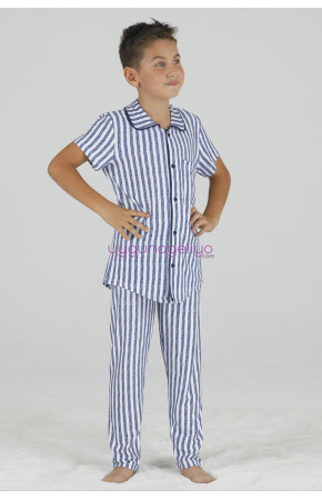 Lacivert - Beyazı Renk ve Çizgili Teknur 45611 Pamuk Önden Düğmeli Erkek Çocuk Pijama Takımı