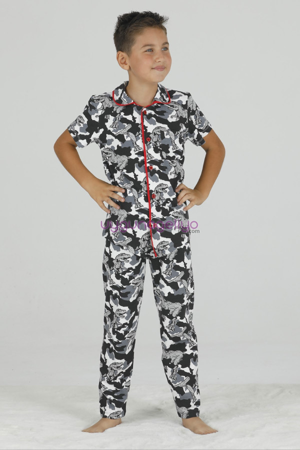 Siyah - Beyaz Renk ve Kamuflaj Desenli Teknur 45612 Pamuk Önden Düğmeli Erkek Çocuk Pijama Takımı-Teknur