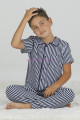 Beyaz - Lacivert Renk ve Çizgili Teknur 45613 Pamuk Önden Düğmeli Erkek Çocuk Pijama Takımı-Teknur