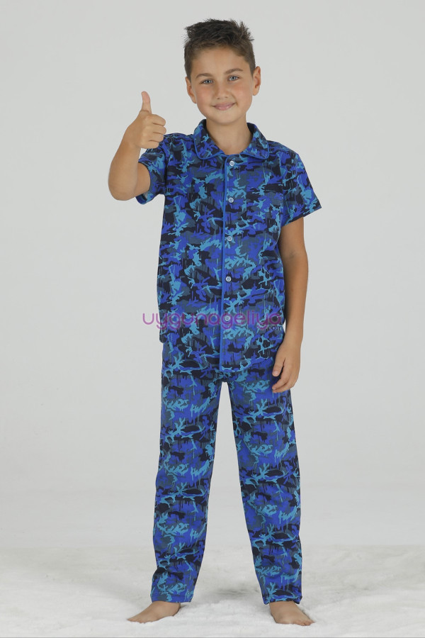Mavi - Lacivert Renk ve Kamuflaj Desenli Teknur 45614 Pamuk Önden Düğmeli Erkek Çocuk Pijama Takımı-Teknur