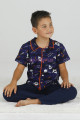 Lacivert Renk ve Uzay Desenli Teknur 45615 Pamuk Önden Düğmeli Erkek Çocuk Pijama Takımı-Teknur