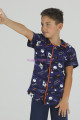 Lacivert Renk ve Uzay Desenli Teknur 45615 Pamuk Önden Düğmeli Erkek Çocuk Pijama Takımı-Teknur