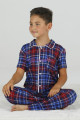 Kırmızı - Mavi Renk ve Ekose Desenli Teknur 45616 Pamuk Önden Düğmeli Erkek Çocuk Pijama Takımı-Teknur