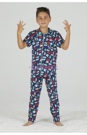 Koyu Mavi Renk ve Kedi Desenli Teknur 45617 Pamuk Önden Düğmeli Erkek Çocuk Pijama Takımı Koyu Mavi Renk ve Kedi Desenli Teknur 45617 Pamuk Önden Düğmeli Erkek Çocuk Pijama Takımı