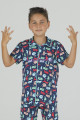 Koyu Mavi Renk ve Kedi Desenli Teknur 45617 Pamuk Önden Düğmeli Erkek Çocuk Pijama Takımı-Teknur