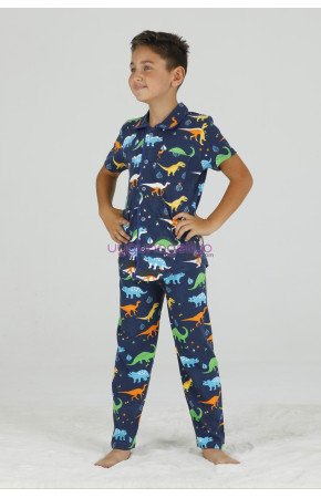 Lacivert Renk ve Dinozor Desenli Teknur 45618 Pamuk Önden Düğmeli Erkek Çocuk Pijama Takımı Lacivert Renk ve Dinozor Desenli Teknur 45618 Pamuk Önden Düğmeli Erkek Çocuk Pijama Takımı