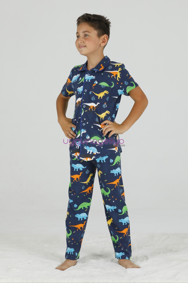 Lacivert Renk ve Dinozor Desenli Teknur 45618 Pamuk Önden Düğmeli Erkek Çocuk Pijama Takımı-Teknur