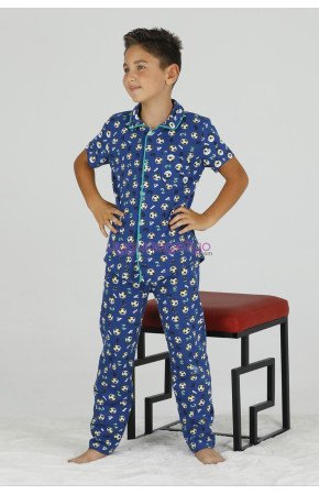 Mavi Renk ve Top Desenli Teknur 45619 Pamuk Önden Düğmeli Erkek Çocuk Pijama Takımı Mavi Renk ve Top Desenli Teknur 45619 Pamuk Önden Düğmeli Erkek Çocuk Pijama Takımı