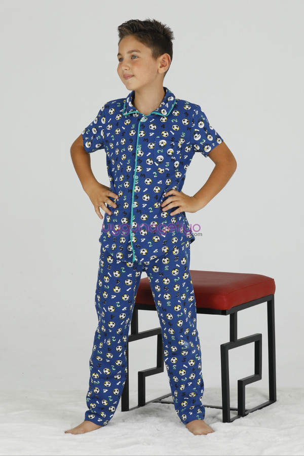 Mavi Renk ve Top Desenli Teknur 45619 Pamuk Önden Düğmeli Erkek Çocuk Pijama Takımı-Teknur