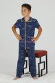 Koyu Lacivert Renk ve Uzay Desenli Teknur 45621 Pamuk Önden Düğmeli Erkek Çocuk Pijama Takımı