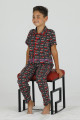 Kırmızı-Siyah Renk ve Araba Desenli Teknur 45624 Pamuk Önden Düğmeli Erkek Çocuk Pijama Takımı-Teknur