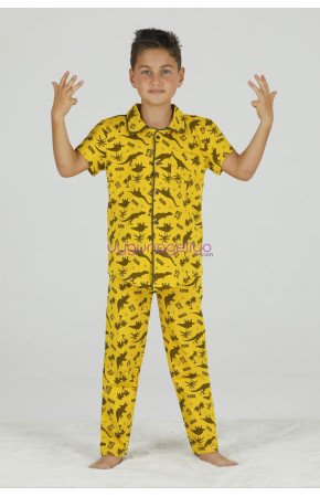 Sarı Renk ve Dinozor Desenli Teknur 45633 Pamuk Önden Düğmeli Erkek Çocuk Pijama Takımı Sarı Renk ve Dinozor Desenli Teknur 45633 Pamuk Önden Düğmeli Erkek Çocuk Pijama Takımı