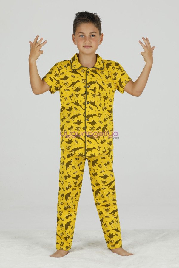 Sarı Renk ve Dinozor Desenli Teknur 45633 Pamuk Önden Düğmeli Erkek Çocuk Pijama Takımı Sarı Renk ve Dinozor Desenli Teknur 45633 Pamuk Önden Düğmeli Erkek Çocuk Pijama Takımı, Teknur-45633, Teknur Pijama Takımı