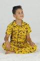 Sarı Renk ve Dinozor Desenli Teknur 45633 Pamuk Önden Düğmeli Erkek Çocuk Pijama Takımı-Teknur
